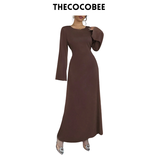 #152 Brown Sexy Figure-Hugging Round Neck Long Sleeve Bodycon Dress Maxi Women Outfit