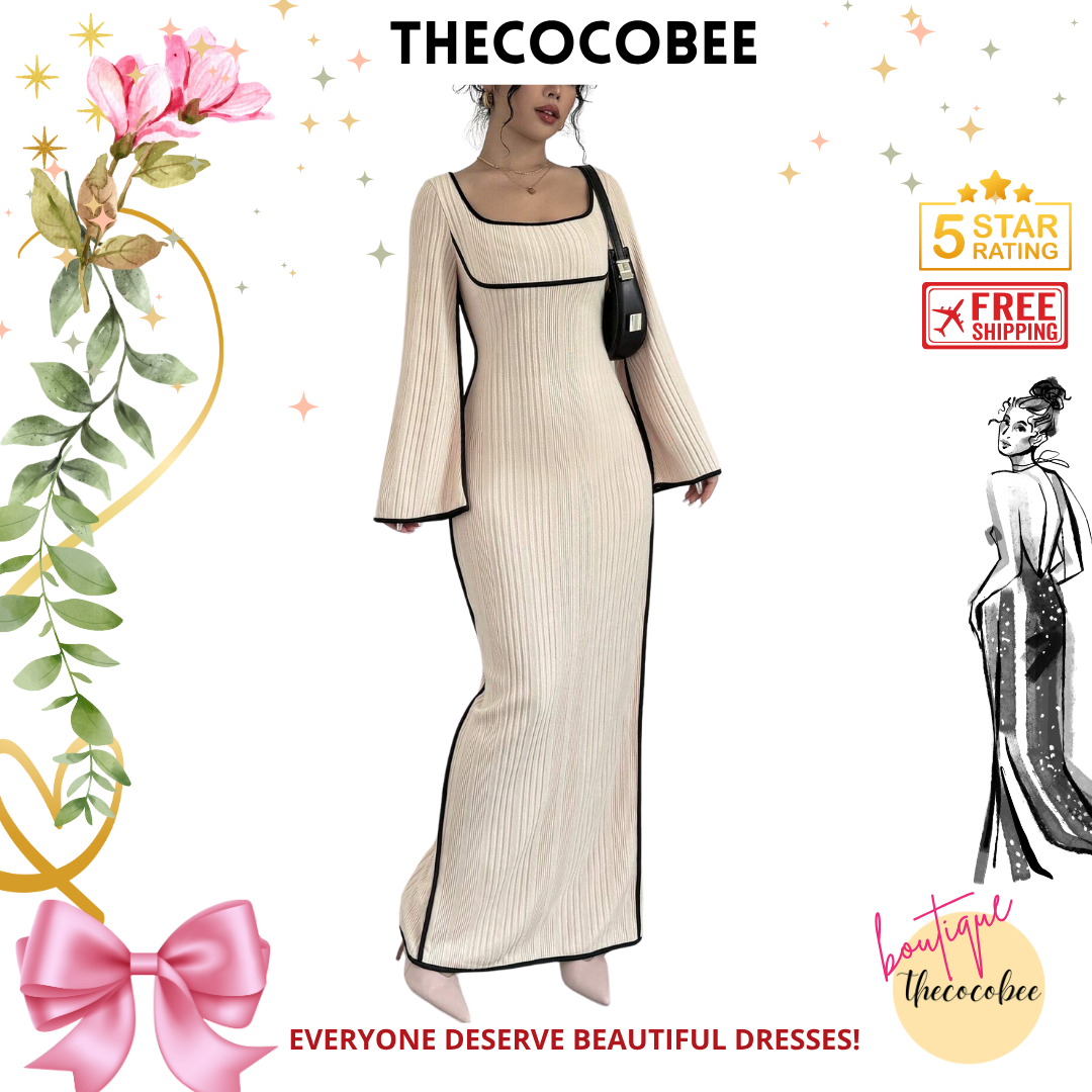 #153 Apricot Elegant Contrast Binding Square Neck Bell Sleeve Split Hem Dress, Apricot