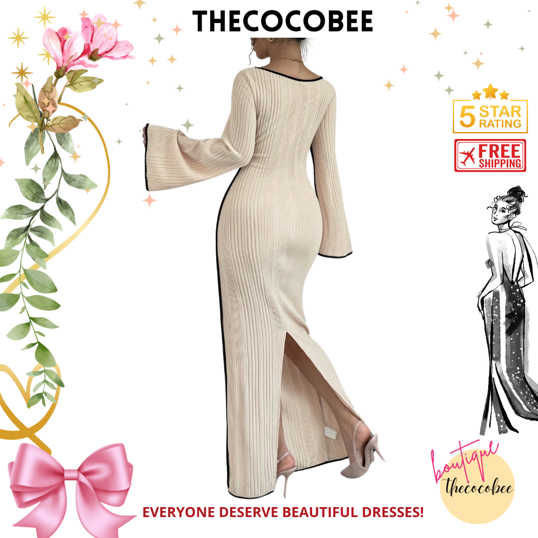 #153 Apricot Elegant Contrast Binding Square Neck Bell Sleeve Split Hem Dress, Apricot