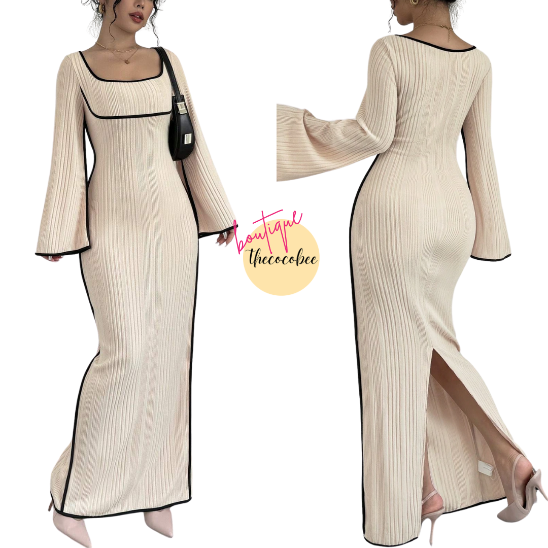#153 Apricot Elegant Contrast Binding Square Neck Bell Sleeve Split Hem Dress, Apricot