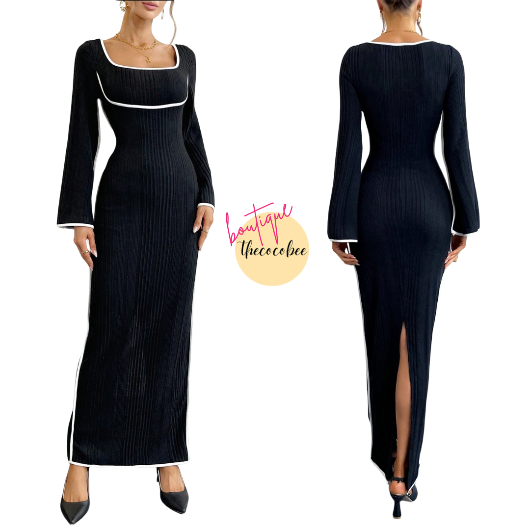 #153 Black Color Block Tie Neck Flare Sleeve Split Hem Dress,Black