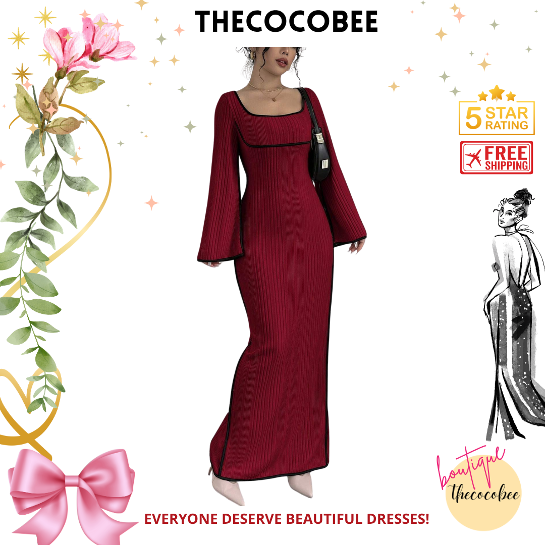 #153 Burgundy Contrast Color Tie Strap Square Neck Flared Sleeve Split Hem Dress, Burgundy