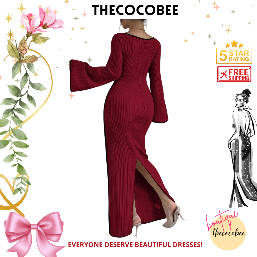#153 Burgundy Contrast Color Tie Strap Square Neck Flared Sleeve Split Hem Dress, Burgundy