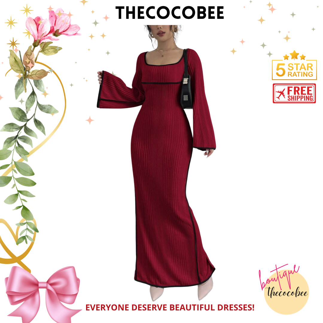 #153 Burgundy Contrast Color Tie Strap Square Neck Flared Sleeve Split Hem Dress, Burgundy