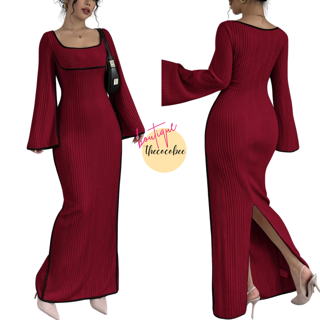 #153 Burgundy Contrast Color Tie Strap Square Neck Flared Sleeve Split Hem Dress, Burgundy