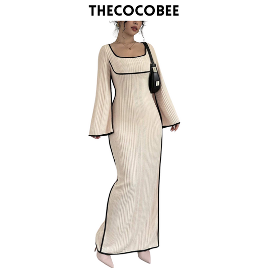 #153 Apricot Elegant Contrast Binding Square Neck Bell Sleeve Split Hem Dress, Apricot