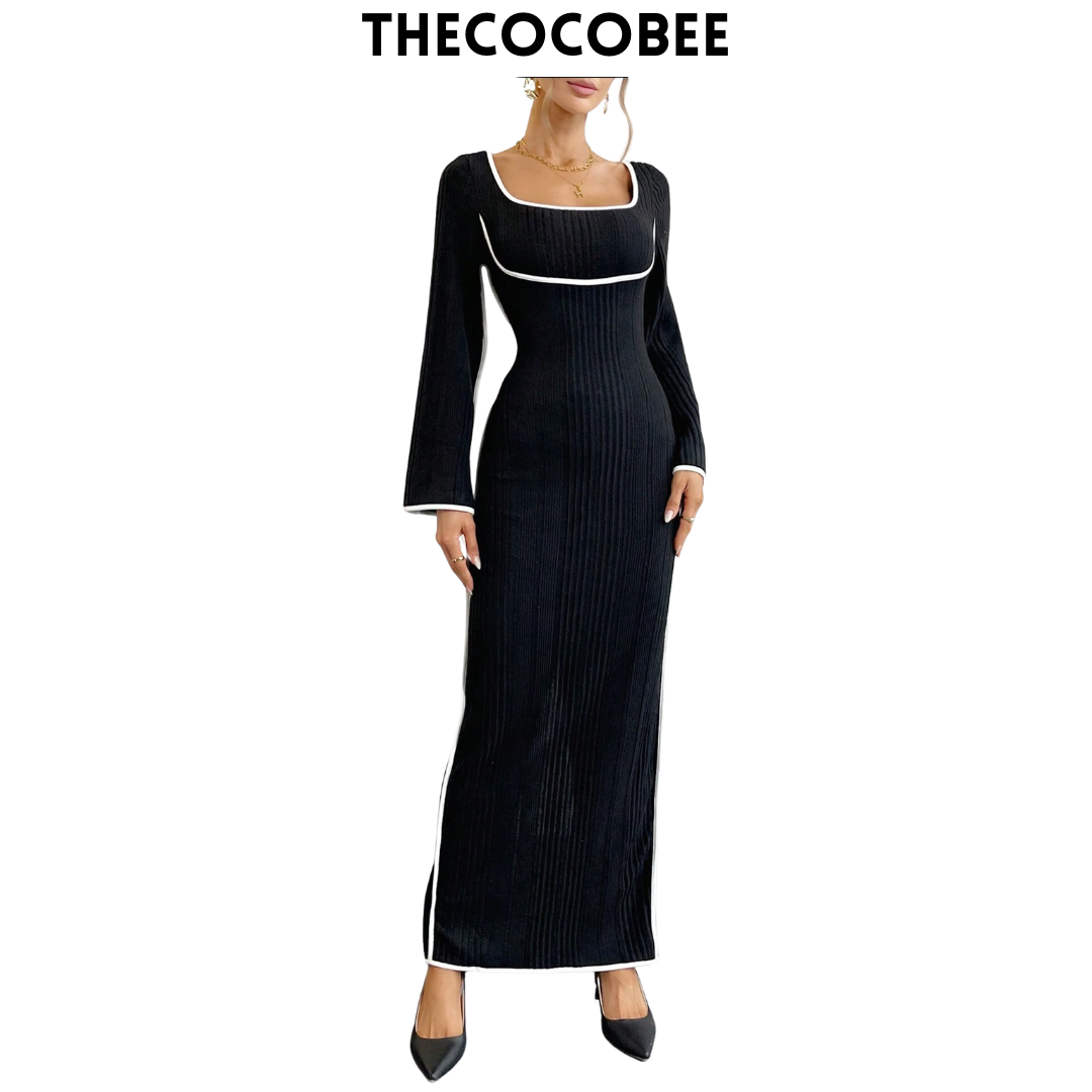 #153 Black Color Block Tie Neck Flare Sleeve Split Hem Dress,Black