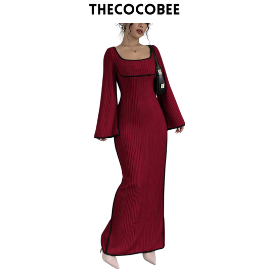 #153 Burgundy Contrast Color Tie Strap Square Neck Flared Sleeve Split Hem Dress, Burgundy