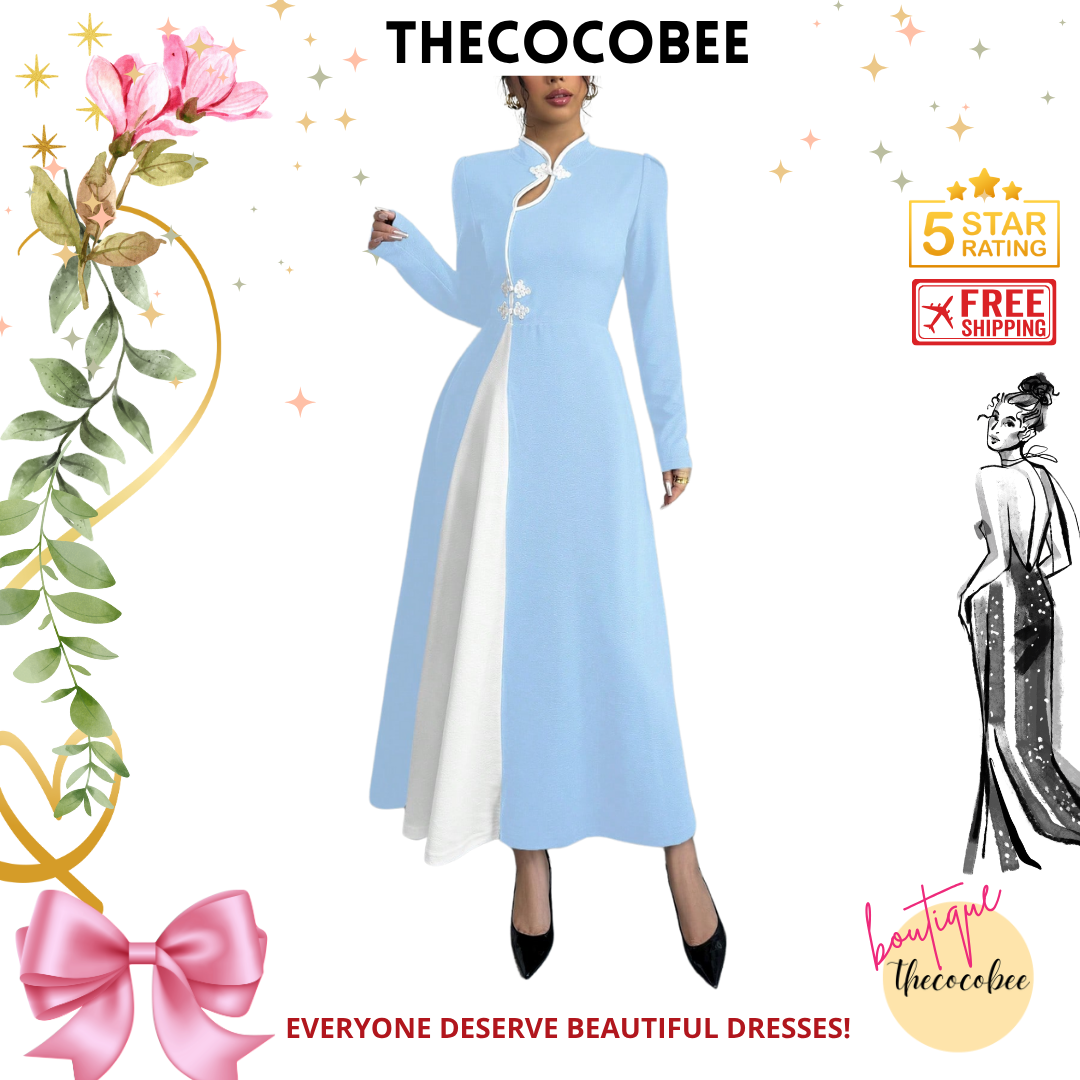 #154 Baby Blue Retro Bubble Sleeve Elegant Baby Blue & White Patchwork Buttoned Dress Maxi Women Outfit Dress Black And Whiteblack White Dresselegant Dress Long Sleeveblack And White Dresslong Sleeve Long Dress