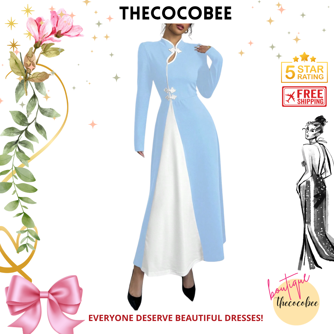 #154 Baby Blue Retro Bubble Sleeve Elegant Baby Blue & White Patchwork Buttoned Dress Maxi Women Outfit Dress Black And Whiteblack White Dresselegant Dress Long Sleeveblack And White Dresslong Sleeve Long Dress