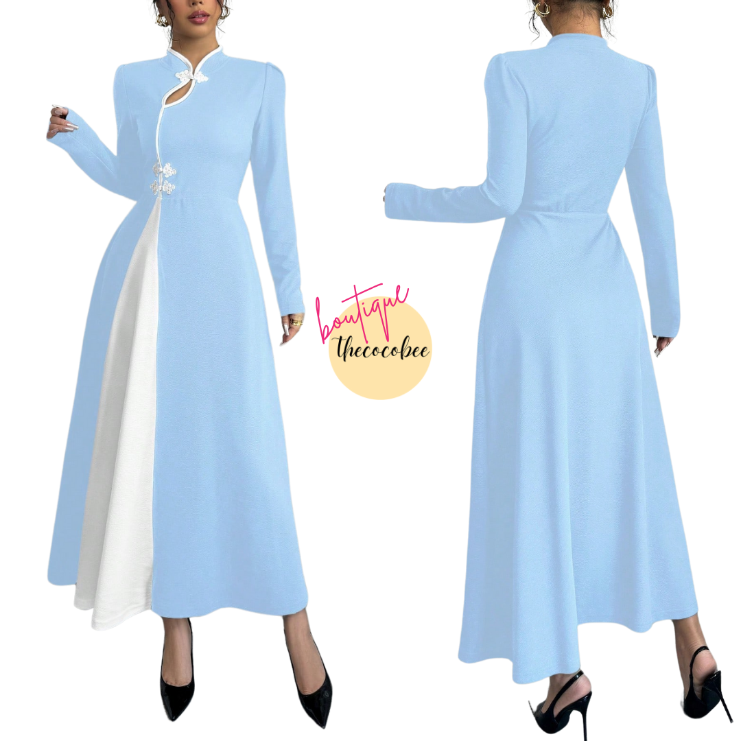 #154 Baby Blue Retro Bubble Sleeve Elegant Baby Blue & White Patchwork Buttoned Dress Maxi Women Outfit Dress Black And Whiteblack White Dresselegant Dress Long Sleeveblack And White Dresslong Sleeve Long Dress