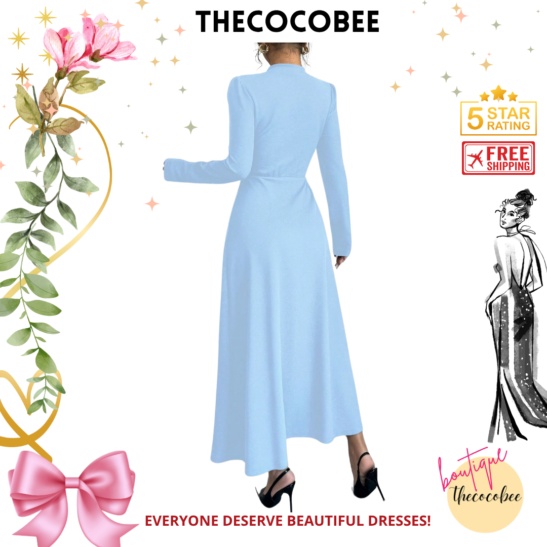 #154 Baby Blue Retro Bubble Sleeve Elegant Baby Blue & White Patchwork Buttoned Dress Maxi Women Outfit Dress Black And Whiteblack White Dresselegant Dress Long Sleeveblack And White Dresslong Sleeve Long Dress