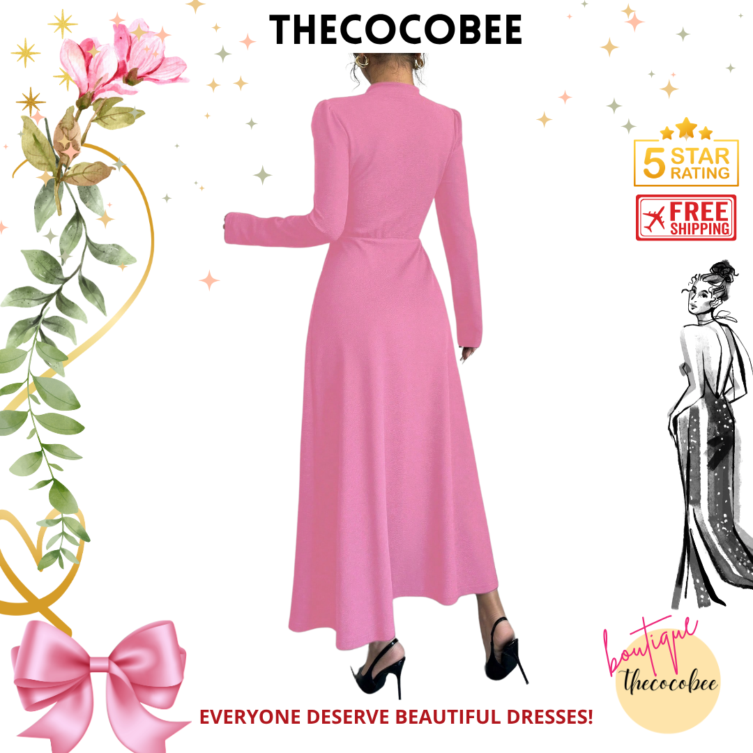 #154 Baby Pink Retro Bubble Sleeve Elegant Baby Pink & White Patchwork Buttoned Dress Maxi Women Outfit Dress Black And Whiteblack White Dresselegant Dress Long Sleeveblack And White Dresslong Sleeve Long Dress