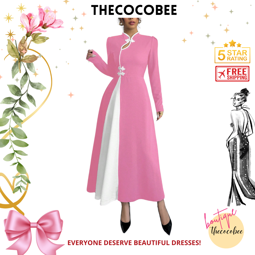 #154 Baby Pink Retro Bubble Sleeve Elegant Baby Pink & White Patchwork Buttoned Dress Maxi Women Outfit Dress Black And Whiteblack White Dresselegant Dress Long Sleeveblack And White Dresslong Sleeve Long Dress