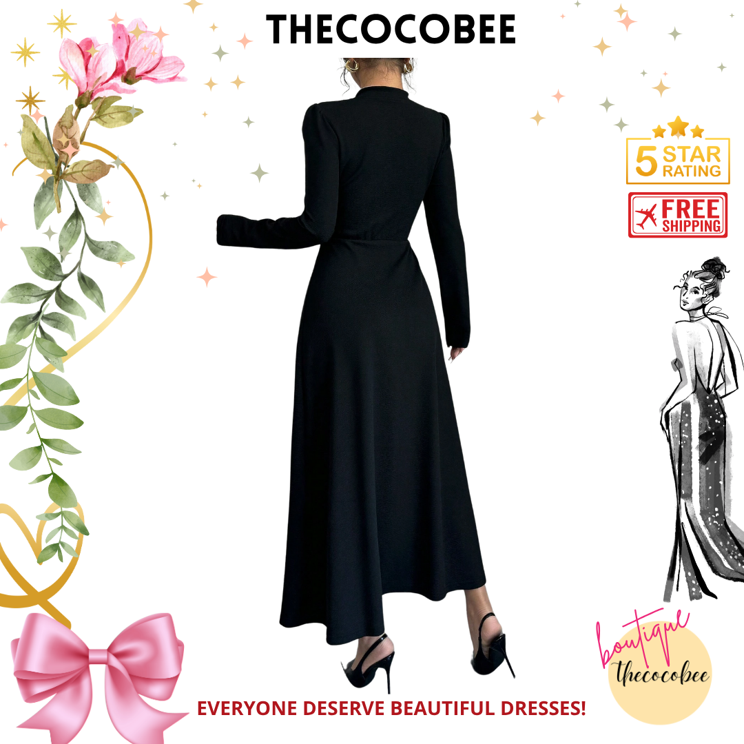 #154 Black and White Retro Bubble Sleeve Elegant Black & White Patchwork Buttoned Dress Maxi Women Outfit Dress Black And Whiteblack White Dresselegant Dress Long Sleeveblack And White Dresslong Sleeve Long Dress