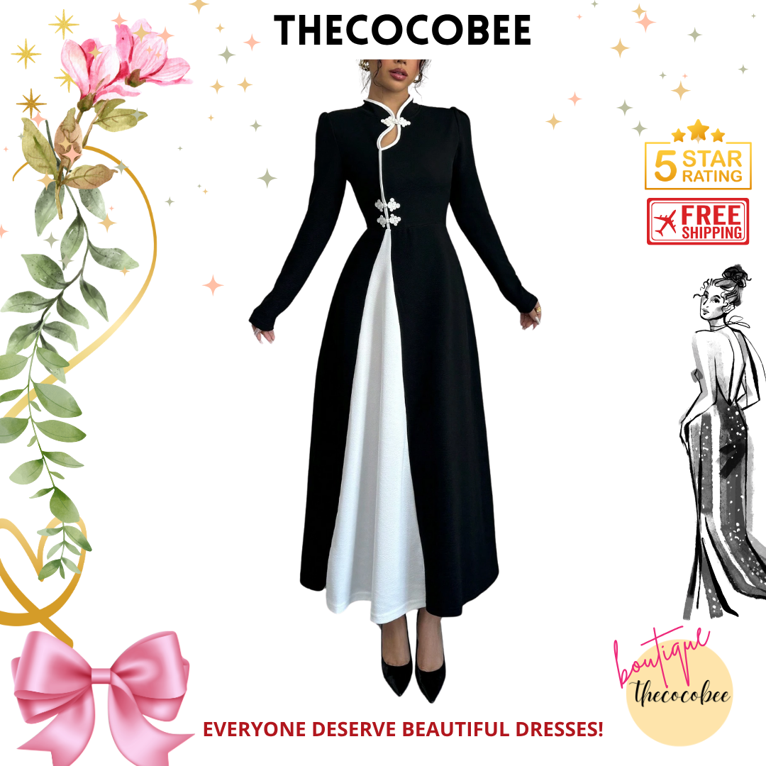 #154 Black and White Retro Bubble Sleeve Elegant Black & White Patchwork Buttoned Dress Maxi Women Outfit Dress Black And Whiteblack White Dresselegant Dress Long Sleeveblack And White Dresslong Sleeve Long Dress