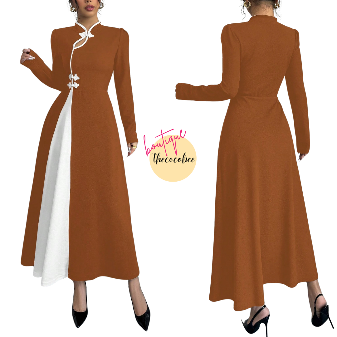 #154 Coffee Brown Retro Bubble Sleeve Elegant Coffee Brown & White Patchwork Buttoned Dress Maxi Women Outfit Dress Black And Whiteblack White Dresselegant Dress Long Sleeveblack And White Dresslong Sleeve Long Dress