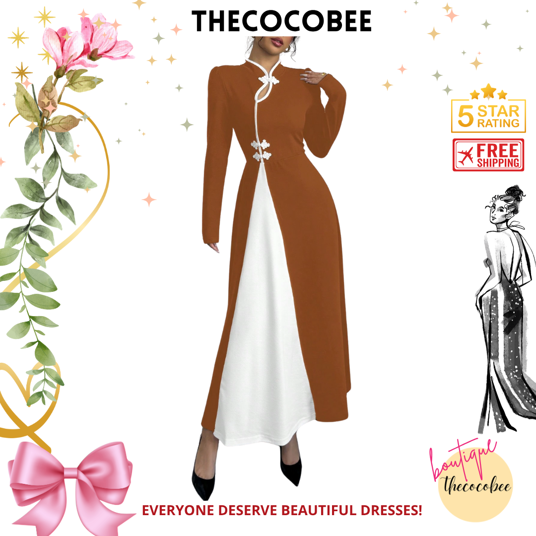 #154 Coffee Brown Retro Bubble Sleeve Elegant Coffee Brown & White Patchwork Buttoned Dress Maxi Women Outfit Dress Black And Whiteblack White Dresselegant Dress Long Sleeveblack And White Dresslong Sleeve Long Dress