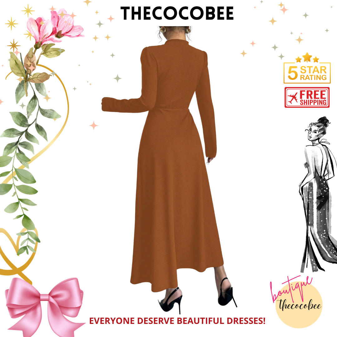 #154 Coffee Brown Retro Bubble Sleeve Elegant Coffee Brown & White Patchwork Buttoned Dress Maxi Women Outfit Dress Black And Whiteblack White Dresselegant Dress Long Sleeveblack And White Dresslong Sleeve Long Dress
