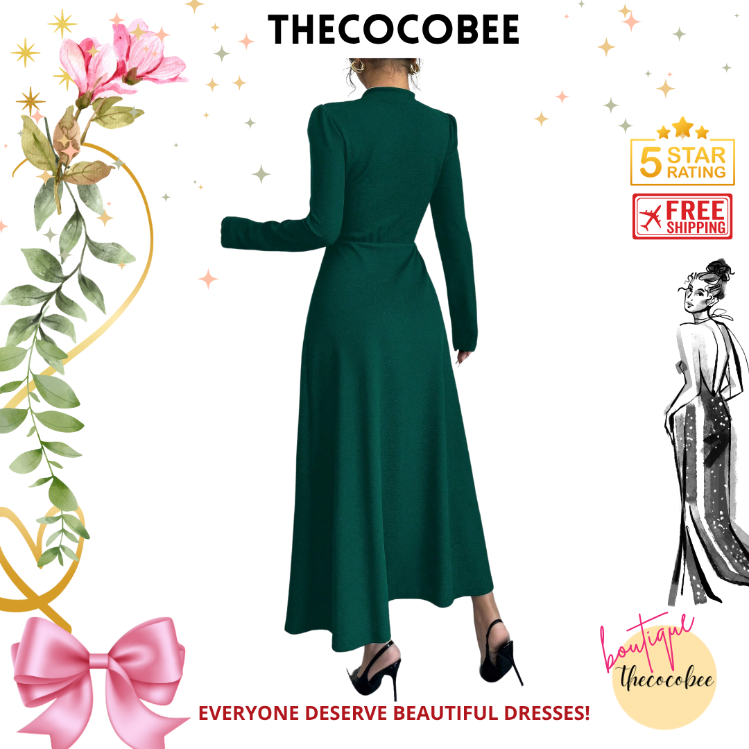 #154 Dark Green Retro Bubble Sleeve Elegant Dark Green & White Patchwork Buttoned Dress Maxi Women Outfit