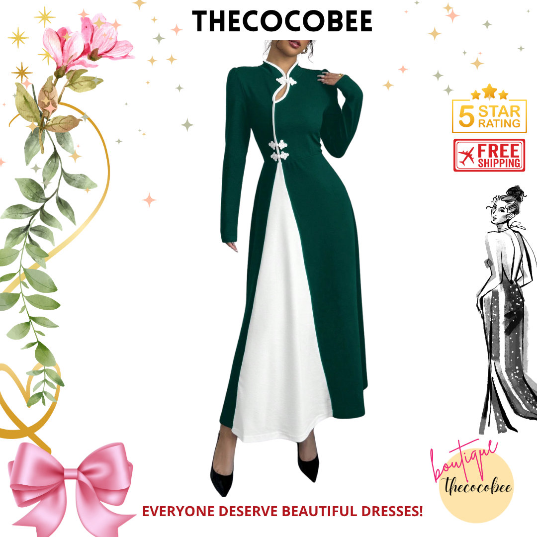 #154 Dark Green Retro Bubble Sleeve Elegant Dark Green & White Patchwork Buttoned Dress Maxi Women Outfit