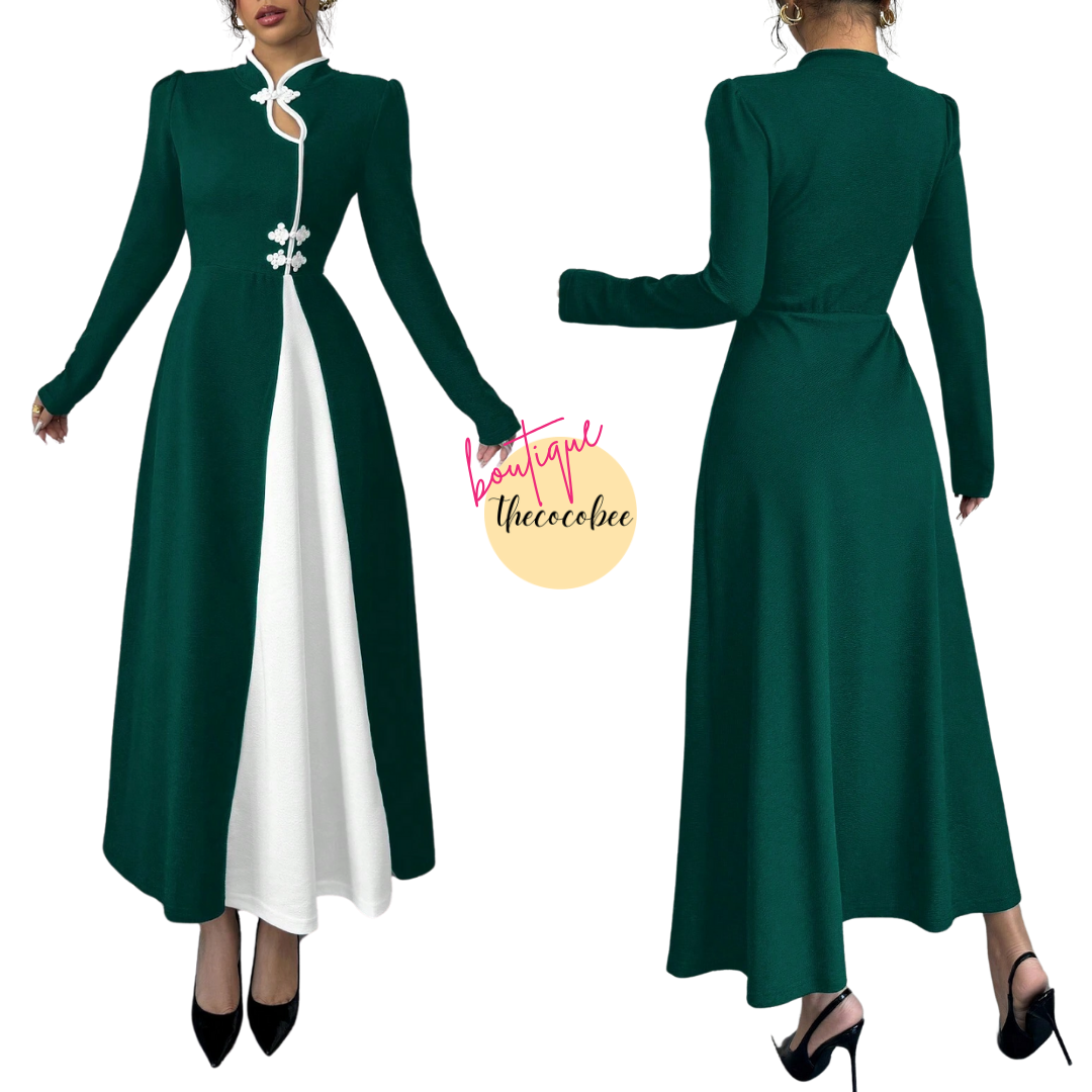 #154 Dark Green Retro Bubble Sleeve Elegant Dark Green & White Patchwork Buttoned Dress Maxi Women Outfit