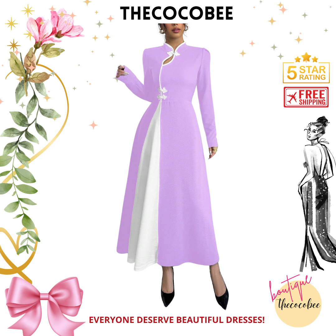 #154 Purple Retro Bubble Sleeve Elegant Purple & White Patchwork Buttoned Dress Maxi Women OutfitFor Autumn Maxi Women Outfit Long Evening Dresses (Copy)
