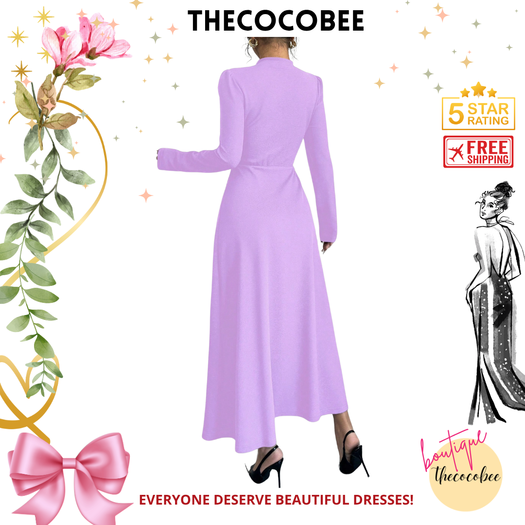 #154 Purple Retro Bubble Sleeve Elegant Purple & White Patchwork Buttoned Dress Maxi Women OutfitFor Autumn Maxi Women Outfit Long Evening Dresses (Copy)