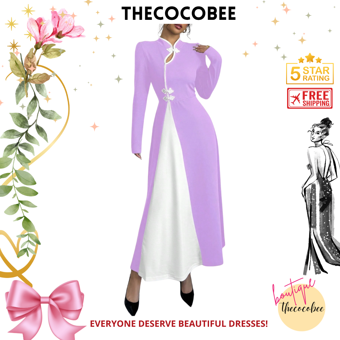 #154 Purple Retro Bubble Sleeve Elegant Purple & White Patchwork Buttoned Dress Maxi Women OutfitFor Autumn Maxi Women Outfit Long Evening Dresses (Copy)