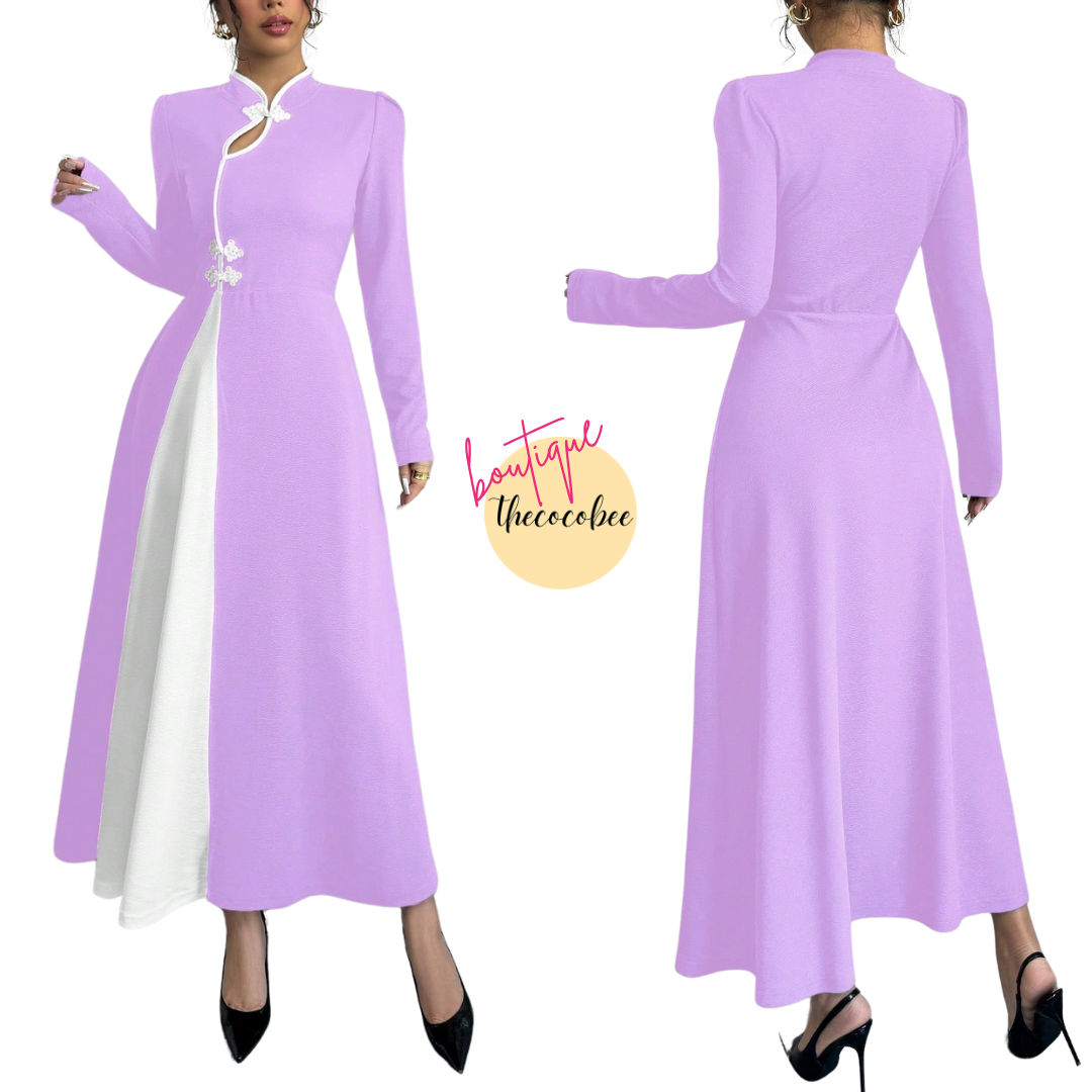 #154 Purple Retro Bubble Sleeve Elegant Purple & White Patchwork Buttoned Dress Maxi Women OutfitFor Autumn Maxi Women Outfit Long Evening Dresses (Copy)