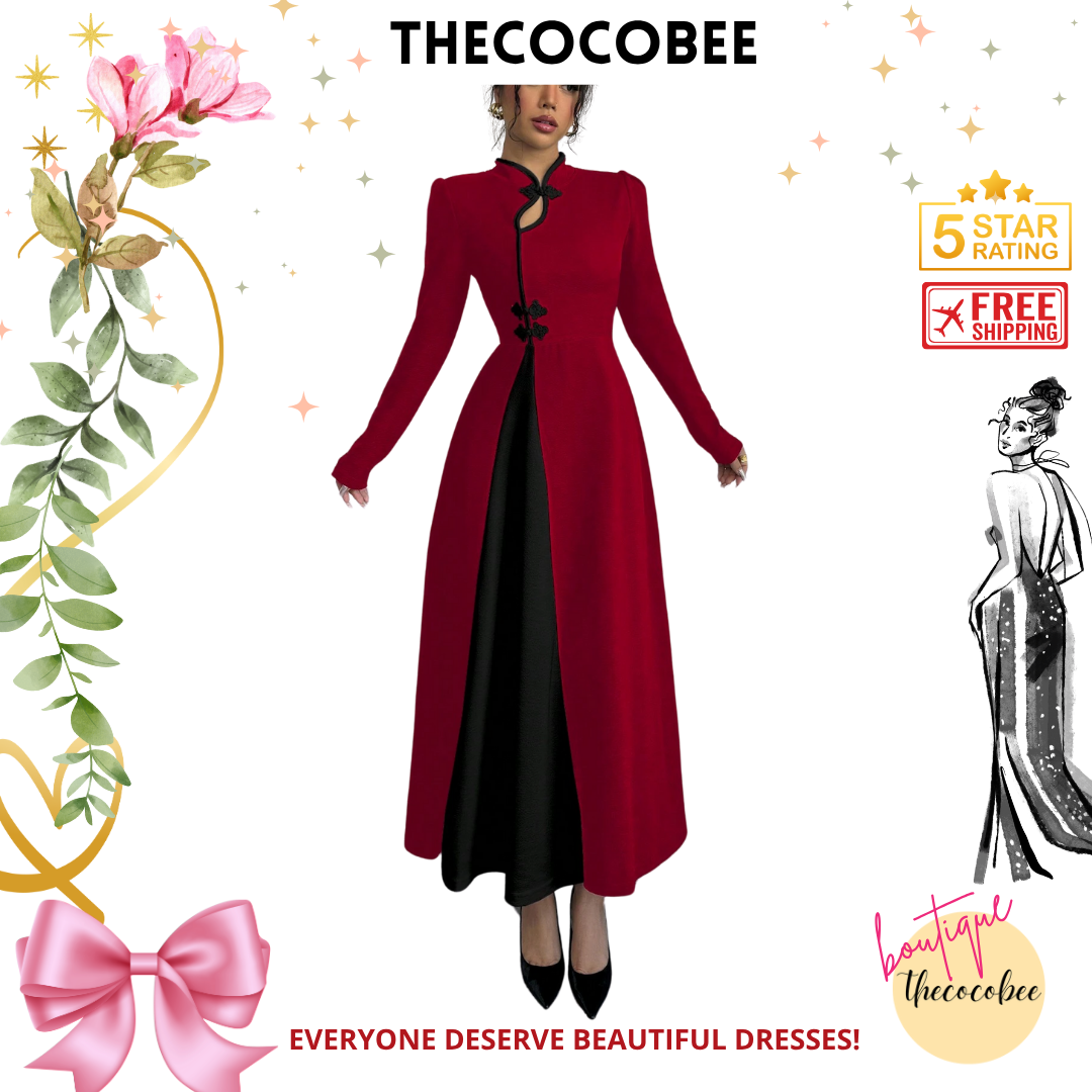 #154 Red Retro Bubble Sleeve Elegant Black & Red Patchwork Buttoned Dress Maxi Women Outfit