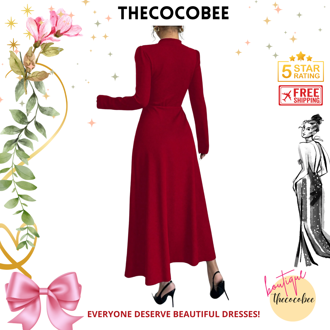 #154 Red Retro Bubble Sleeve Elegant Black & Red Patchwork Buttoned Dress Maxi Women Outfit