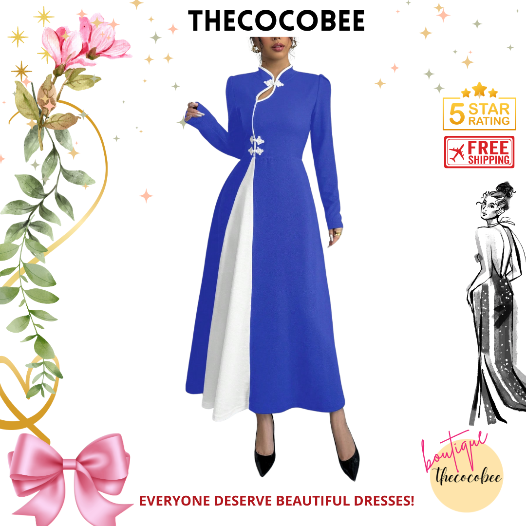 #154 Royal Blue Retro Bubble Sleeve Elegant Royal Blue & White Patchwork Buttoned Dress Maxi Women Outfit