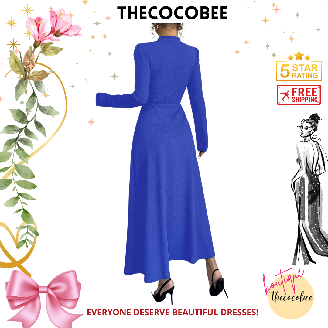 #154 Royal Blue Retro Bubble Sleeve Elegant Royal Blue & White Patchwork Buttoned Dress Maxi Women Outfit
