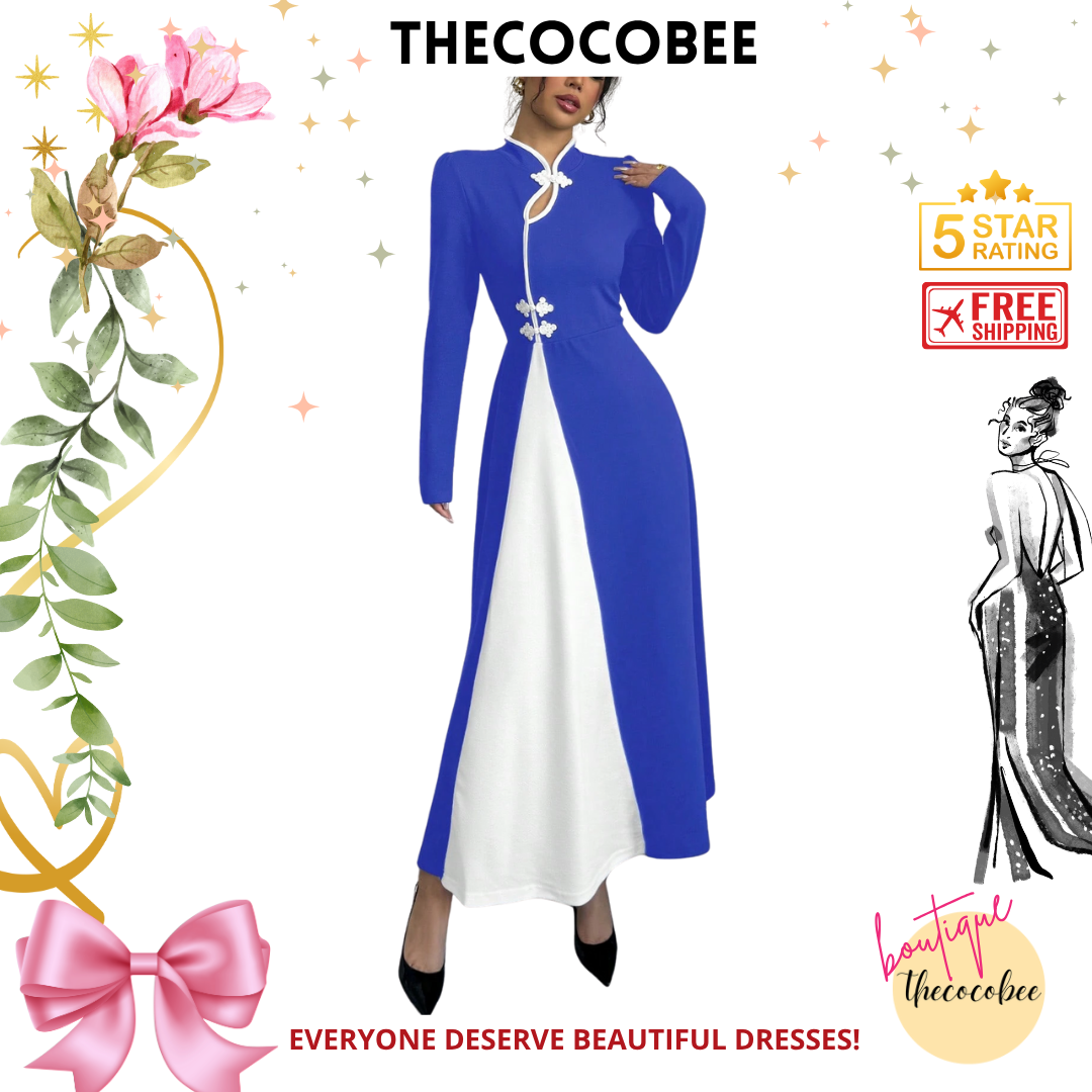 #154 Royal Blue Retro Bubble Sleeve Elegant Royal Blue & White Patchwork Buttoned Dress Maxi Women Outfit