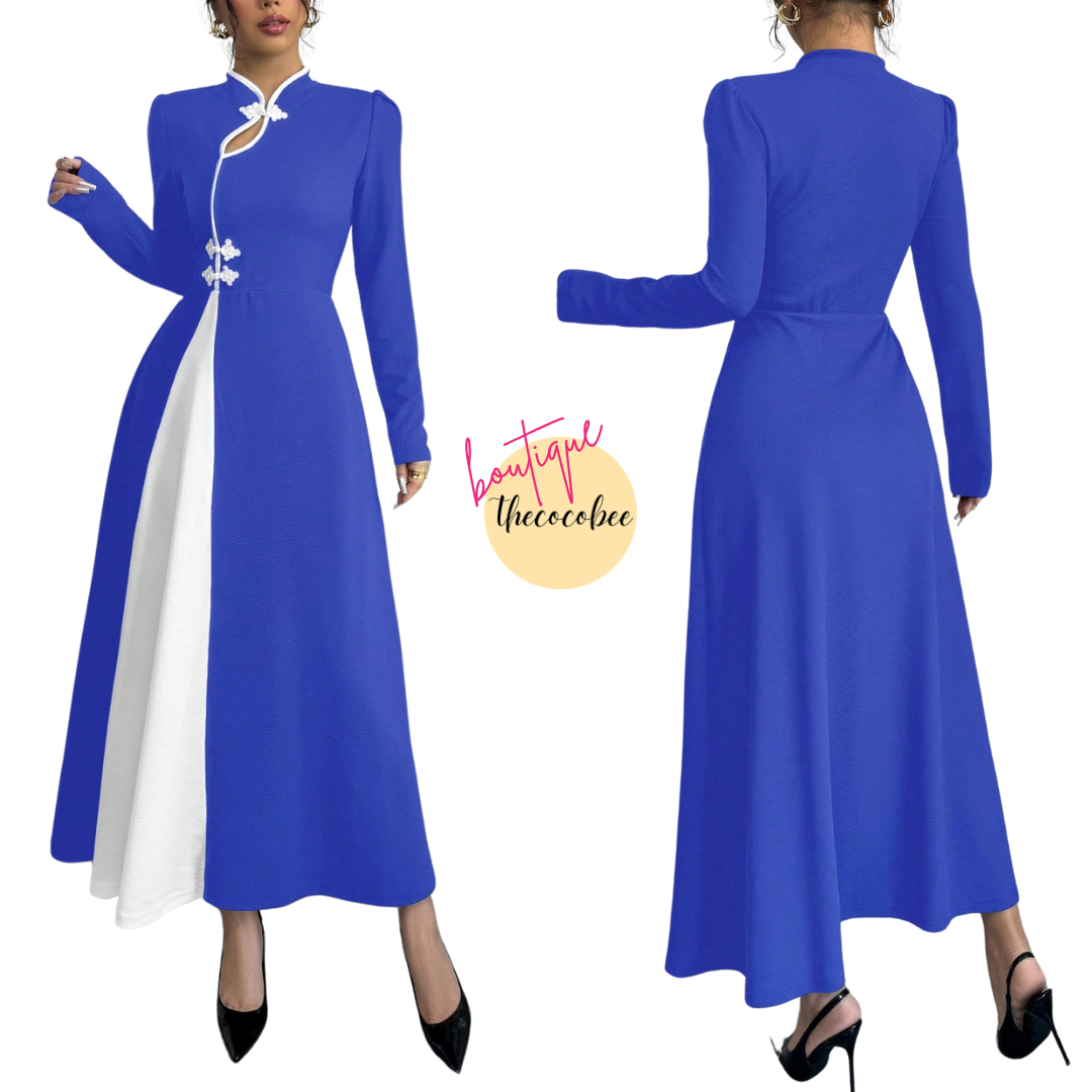 #154 Royal Blue Retro Bubble Sleeve Elegant Royal Blue & White Patchwork Buttoned Dress Maxi Women Outfit