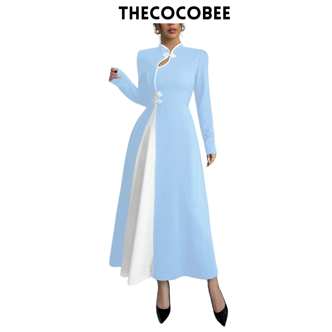 #154 Baby Blue Retro Bubble Sleeve Elegant Baby Blue & White Patchwork Buttoned Dress Maxi Women Outfit Dress Black And Whiteblack White Dresselegant Dress Long Sleeveblack And White Dresslong Sleeve Long Dress