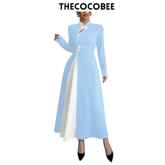 #154 Baby Blue Retro Bubble Sleeve Elegant Baby Blue & White Patchwork Buttoned Dress Maxi Women Outfit Dress Black And Whiteblack White Dresselegant Dress Long Sleeveblack And White Dresslong Sleeve Long Dress