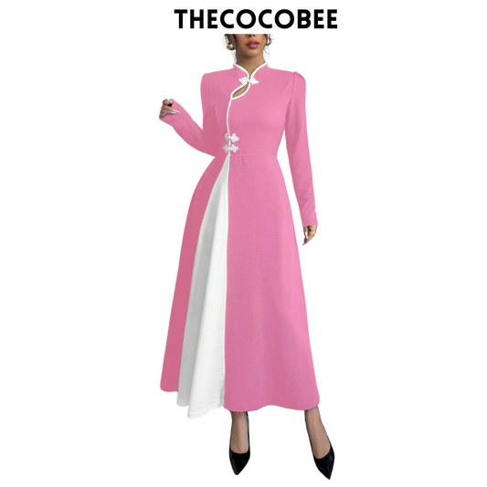 #154 Baby Pink Retro Bubble Sleeve Elegant Baby Pink & White Patchwork Buttoned Dress Maxi Women Outfit Dress Black And Whiteblack White Dresselegant Dress Long Sleeveblack And White Dresslong Sleeve Long Dress