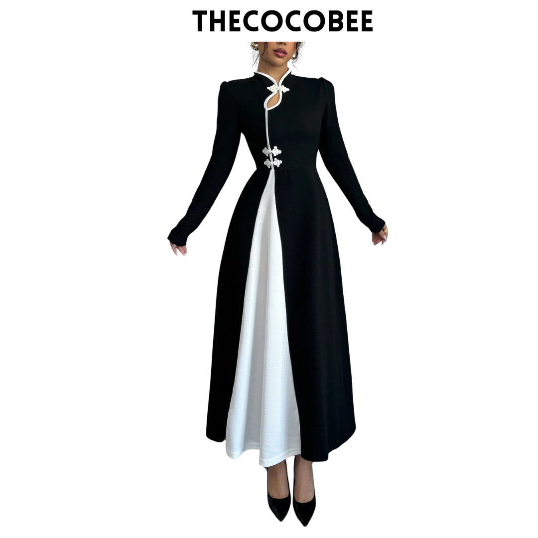 #154 Black and White Retro Bubble Sleeve Elegant Black & White Patchwork Buttoned Dress Maxi Women Outfit Dress Black And Whiteblack White Dresselegant Dress Long Sleeveblack And White Dresslong Sleeve Long Dress