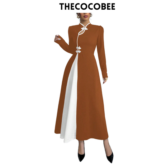 #154 Coffee Brown Retro Bubble Sleeve Elegant Coffee Brown & White Patchwork Buttoned Dress Maxi Women Outfit Dress Black And Whiteblack White Dresselegant Dress Long Sleeveblack And White Dresslong Sleeve Long Dress