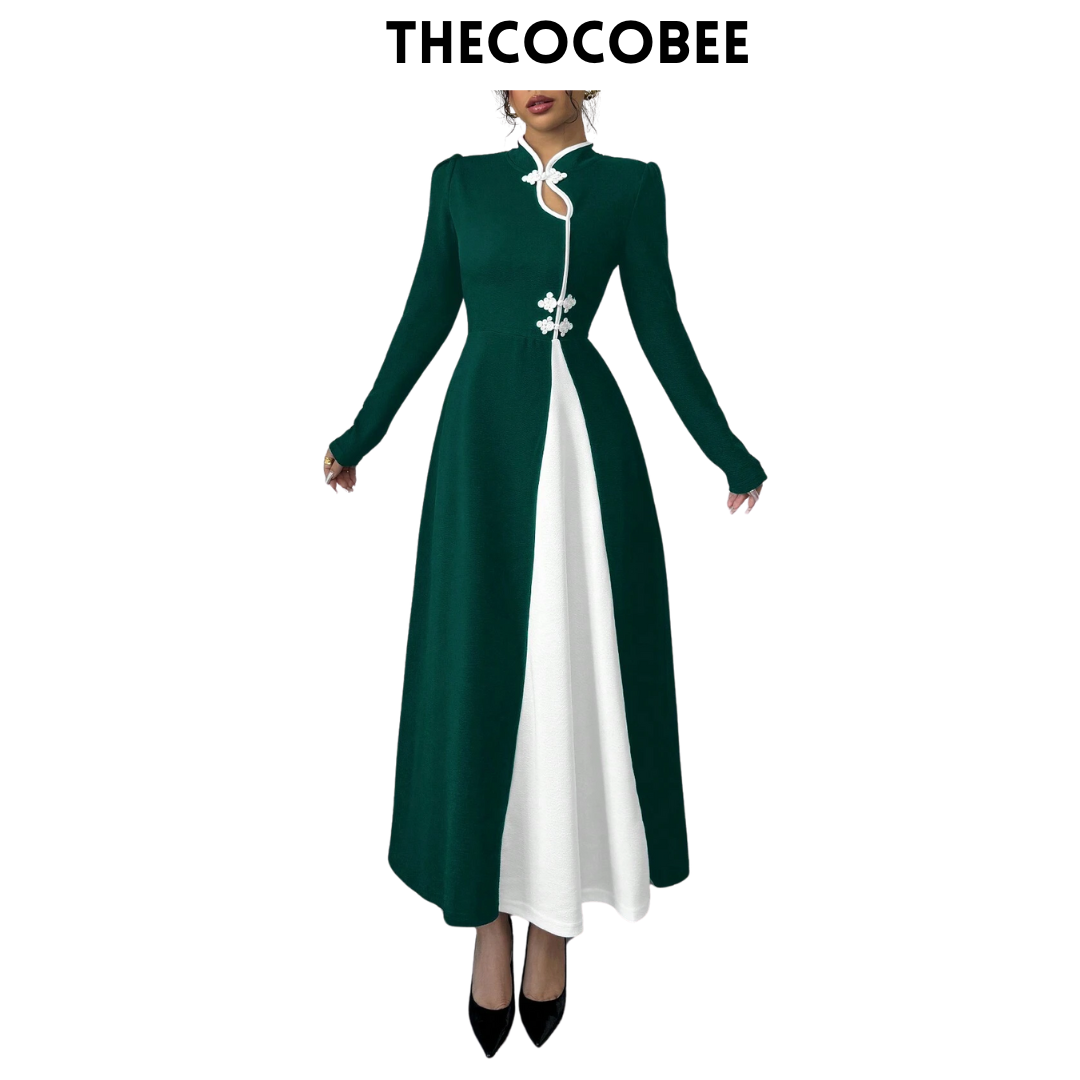 #154 Dark Green Retro Bubble Sleeve Elegant Dark Green & White Patchwork Buttoned Dress Maxi Women Outfit