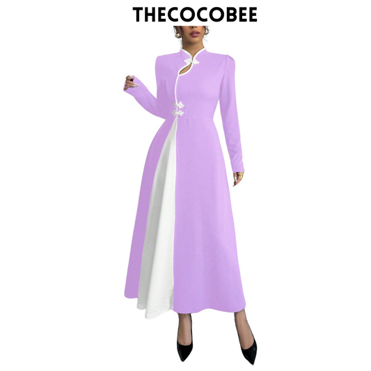#154 Purple Retro Bubble Sleeve Elegant Purple & White Patchwork Buttoned Dress Maxi Women OutfitFor Autumn Maxi Women Outfit Long Evening Dresses (Copy)
