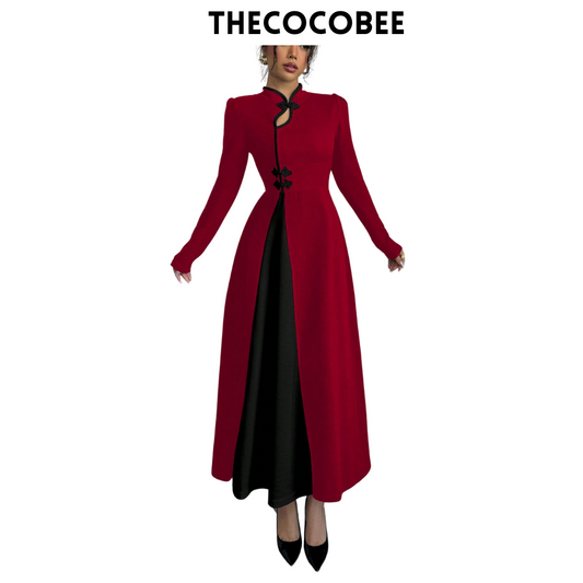 #154 Red Retro Bubble Sleeve Elegant Black & Red Patchwork Buttoned Dress Maxi Women Outfit