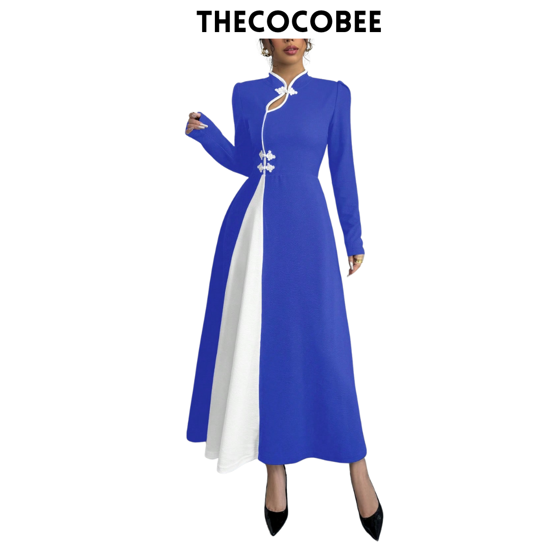 #154 Royal Blue Retro Bubble Sleeve Elegant Royal Blue & White Patchwork Buttoned Dress Maxi Women Outfit