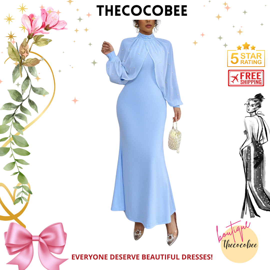 #155 Blue 1pc Solid Color Long Sleeve Fitted Simple Casual Midi Dress, Everyday Wear
