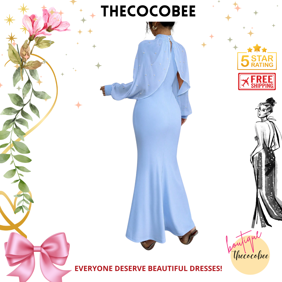 #155 Blue 1pc Solid Color Long Sleeve Fitted Simple Casual Midi Dress, Everyday Wear