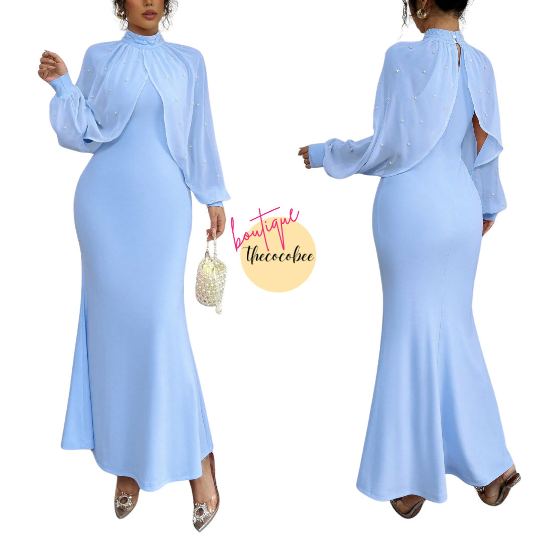 #155 Blue 1pc Solid Color Long Sleeve Fitted Simple Casual Midi Dress, Everyday Wear