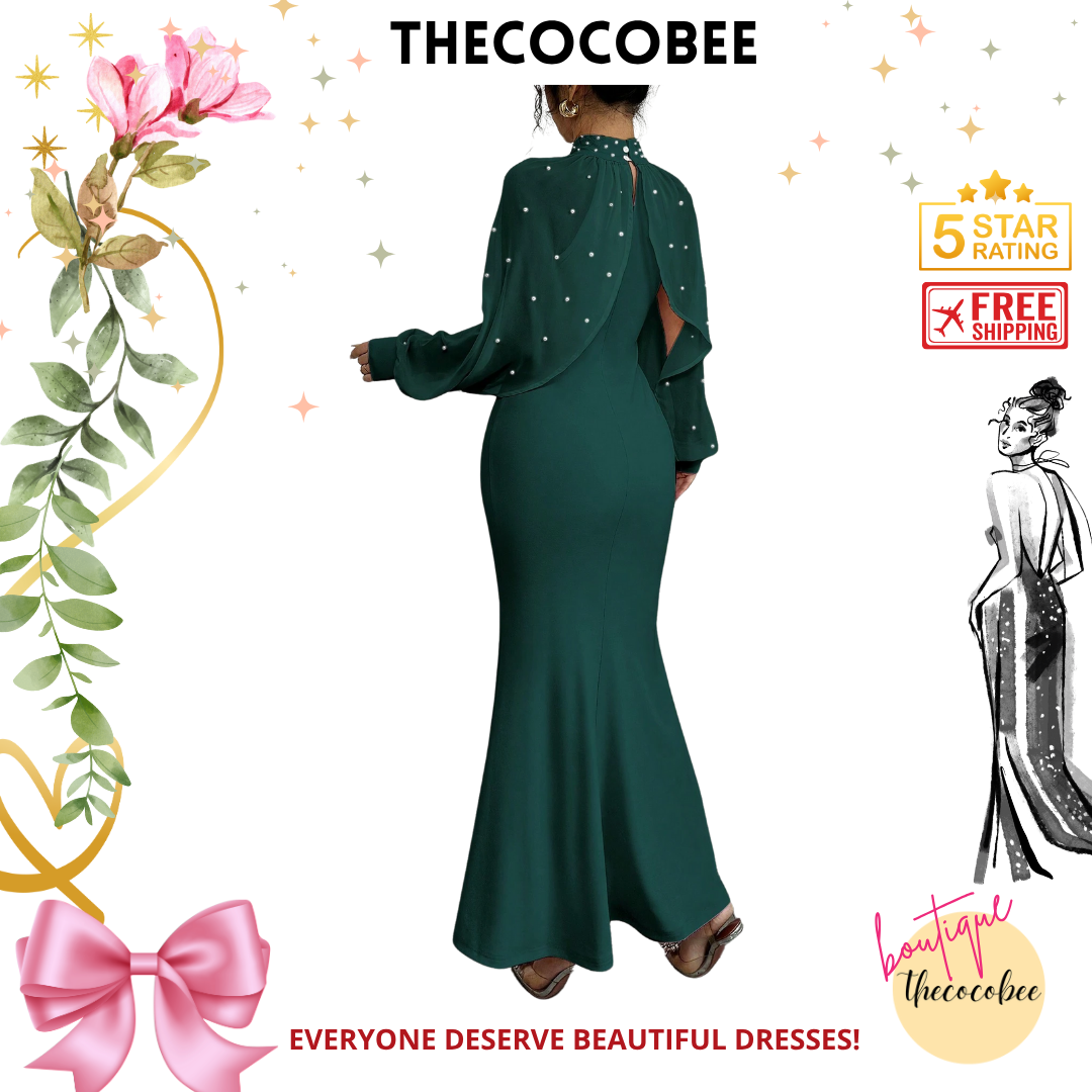 #155 Dark Green Elegant Pearl Beaded Collar Mermaid Dress, Autumn Maxi Women Outfit