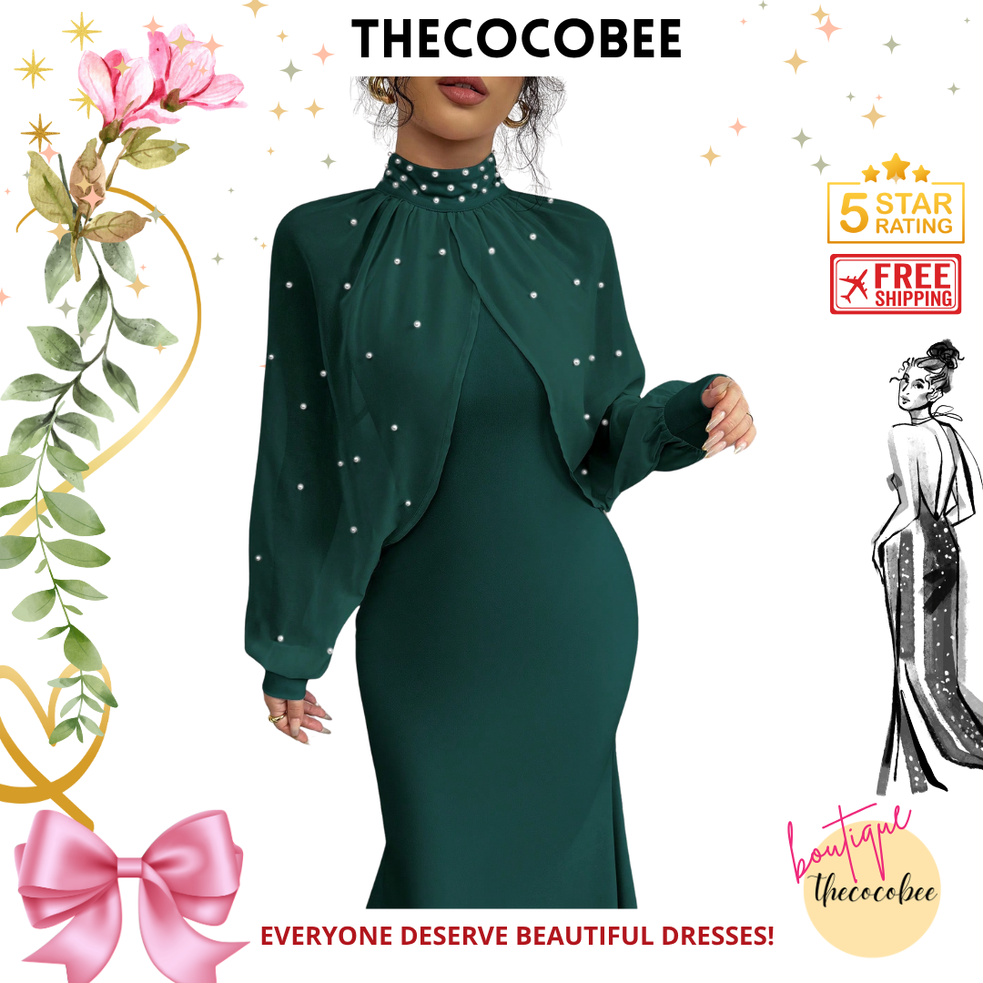 #155 Dark Green Elegant Pearl Beaded Collar Mermaid Dress, Autumn Maxi Women Outfit